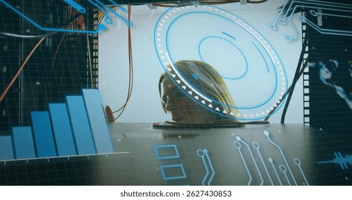 Image of data processing over caucasian woman checking servers. computers, network, data processing, communication and technology concept digitally generated image.