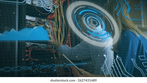 Image of data processing over caucasian male and female engineers working at server room. Computer interface and business data storage technology concept