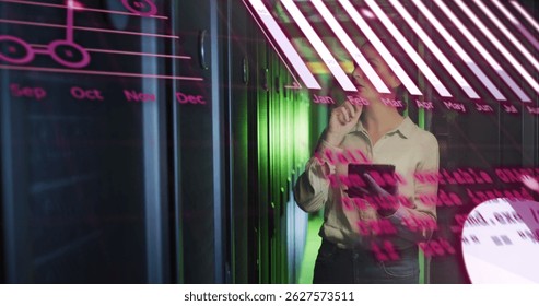Image of data processing over caucasian female it technician by computer server. Global computing and data processing concept digitally generated image.