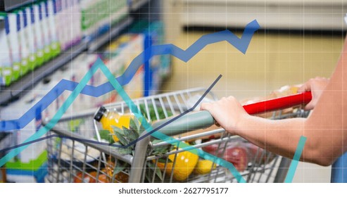 Image of data processing over caucasian woman with trolley. Global shipping and connections concept digitally generated image.