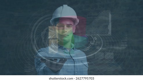 Image of data processing over caucasian engineering. Global engineering, connections and digital interface concept digitally generated image.