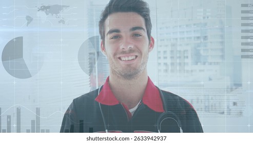 Image of data processing over caucasian male doctor. Global medicine, technology, data processing and digital interface concept digitally generated image.