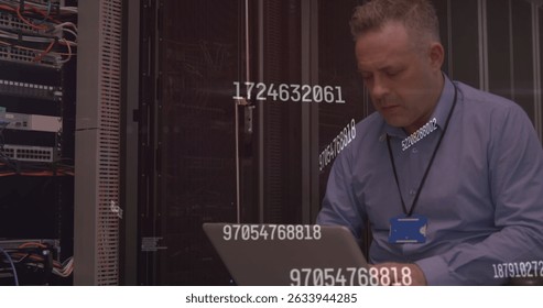 Image of data processing over caucasian server room worker. Global connections, data processing and digital interface concept digitally generated image.