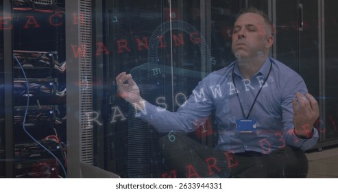 Image of data processing over caucasian server room worker. Global connections, data processing and digital interface concept digitally generated image. - Powered by Shutterstock - Get 15% off with code: PIKWIZARD15