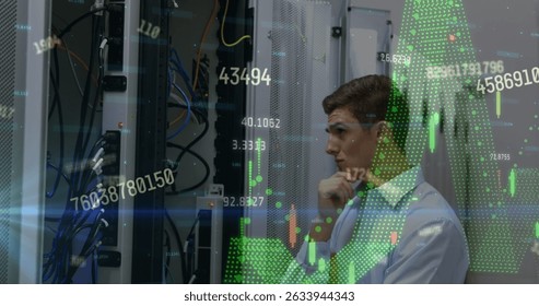 Image of data processing over caucasian server room worker. Global connections, data processing and digital interface concept digitally generated image.