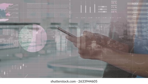 Image of data processing over caucasian businesswoman using smartphone. Global business and digital interface concept digitally generated image.