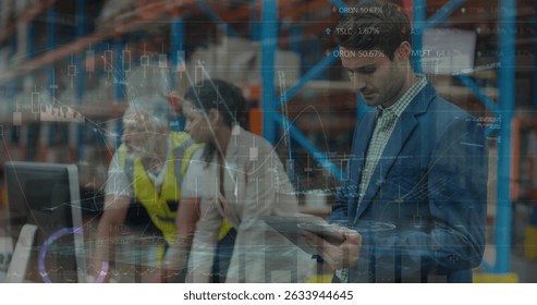 Image of data processing over caucasian male supervisors using digital tablet at warehouse. Logistics business and technology concept