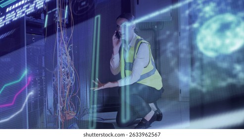 Image of data processing over caucasian female worker in server room. Global business and digital interface concept digitally generated image.