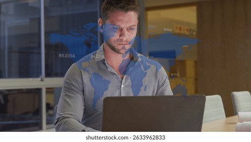 Image of data processing over caucasian businessman in office. Global business and digital interface concept digitally generated image.