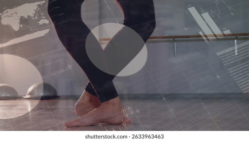 Image of data processing over caucasian female dancer. Global sport and digital interface concept digitally generated image.