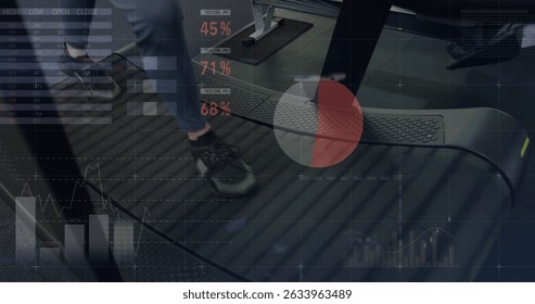 Image of data processing over caucasian woman walking on treadmill. Global sports, connections and data processing concept digitally generated image.