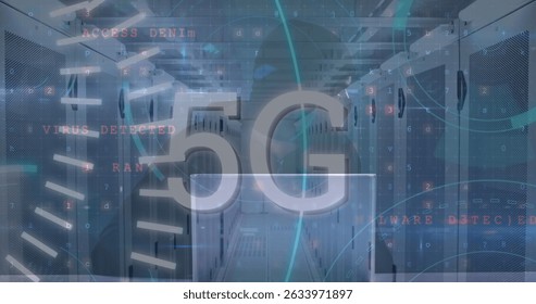 Image of data processing over caucasian male hacker in server room. Global business and digital interface concept digitally generated image.