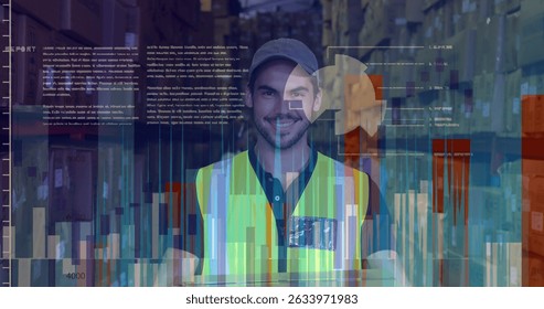 Image of data processing over caucasian male worker holding a delivery box smiling at warehouse. Logistics business and technology concept