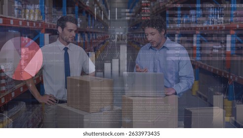 Image of data processing over caucasian workers in warehouse. Global business and digital interface concept digitally generated image.