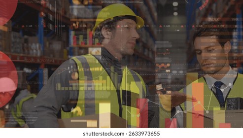 Image of data processing over caucasian male workers. Global business and digital interface concept digitally generated image.