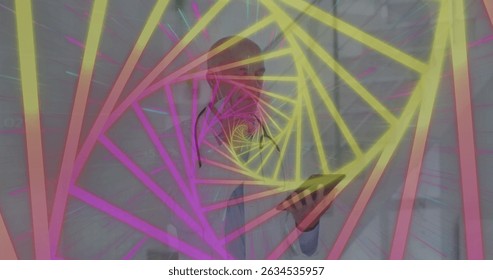 Image of data processing over caucasian female doctor with face mask. Global medicine and digital interface concept digitally generated image.