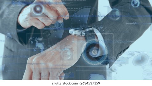 Image of data processing over caucasian man checking smartwatch. Global sport and digital interface concept digitally generated image. - Powered by Shutterstock - Get 15% off with code: PIKWIZARD15