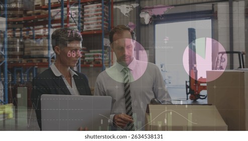 Image of data processing over caucasian workers talking. Global business and digital interface concept digitally generated image.