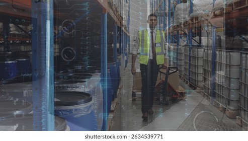 Image of data processing over caucasian woman in server room. Global shipping and connections concept digitally generated image.