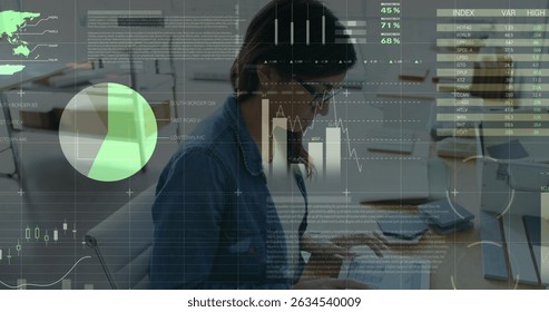 Image of data processing over caucasian businesswoman at office. Global business, computing and digital interface concept digitally generated image.