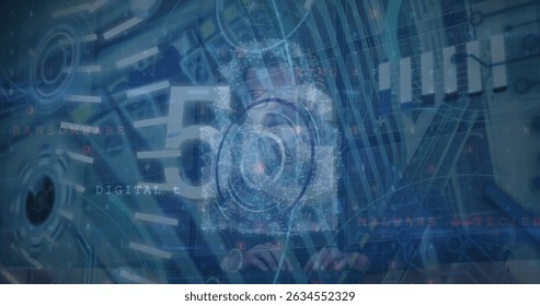 Image of data processing over caucasian man and server room. Global business and digital interface concept digitally generated image.