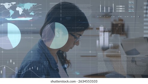 Image of data processing over caucasian businesswoman at office. Global business, computing and digital interface concept digitally generated image.