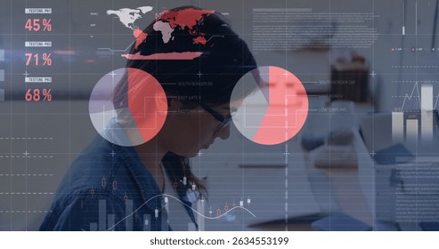 Image of data processing over caucasian businesswoman at office. Global business, computing and digital interface concept digitally generated image.