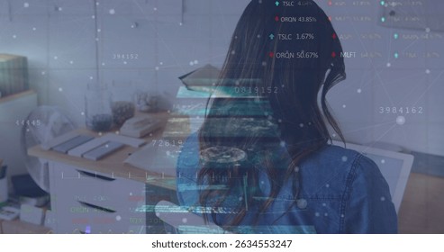 Image of data processing over caucasian businesswoman at office. Global business, computing and digital interface concept digitally generated image.