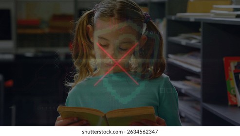 Image of data processing over caucasian schoolgirl reading. Global education and digital interface concept digitally generated image.