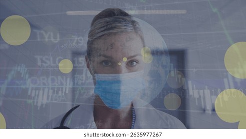 Image of data processing over caucasian female doctor with face mask. Global medicine and digital interface concept digitally generated image.