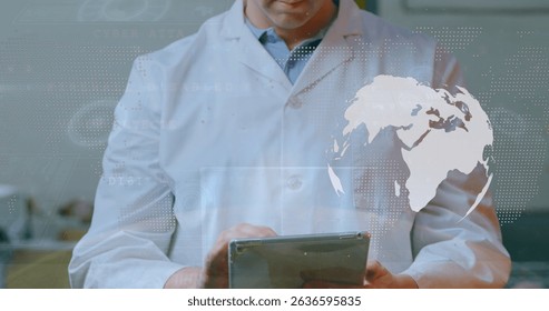Image of data processing over caucasian businessman using smartphone. Global connections networking and business concept digitally generated image.