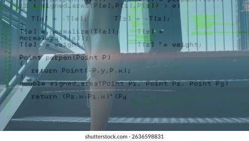 Image of data processing over caucasian woman on stairs. Global business and digital interface concept digitally generated image.