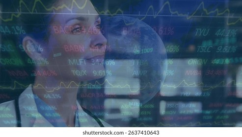 Image of data processing over caucasian female doctor. Global medicine, technology, data processing and digital interface concept digitally generated image.
