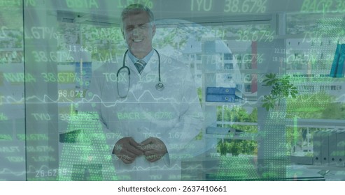 Image of data processing over caucasian doctor. Global medicine, technology, data processing and digital interface concept digitally generated image.
