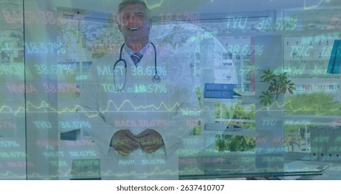 Image of data processing over caucasian doctor. Global medicine, technology, data processing and digital interface concept digitally generated image.