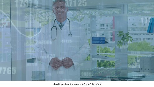 Image of data processing over caucasian doctor. Global medicine, technology, data processing and digital interface concept digitally generated image.