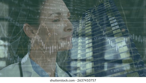 Image of data processing over caucasian female doctor. Global medicine, technology, data processing and digital interface concept digitally generated image.