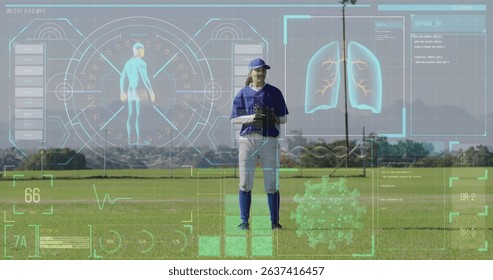 Image of data processing over caucasian female baseball player. Global sport and digital interface concept digitally generated image.