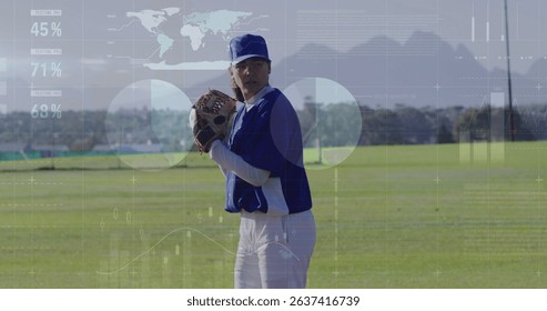 Image of data processing over caucasian female baseball player. Global sport and digital interface concept digitally generated image.