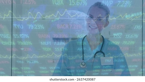 Image of data processing over caucasian female doctor. Global medicine, technology, data processing and digital interface concept digitally generated image.