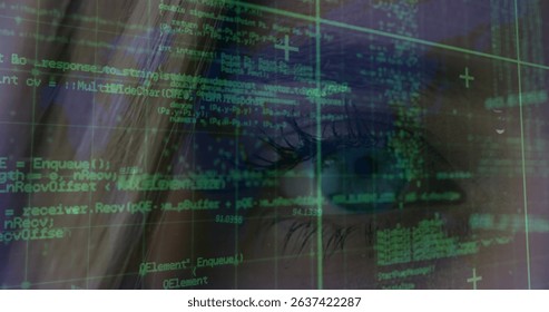 Image of data processing over caucasian woman eye. Global network, data processing and technology concept digitally generated image.