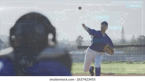Image of data processing over caucasian female baseball player. Global sport and digital interface concept digitally generated image.