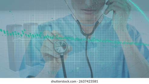 Image of data processing over caucasian female nurse with stethoscope. Global medicine and digital interface concept digitally generated image.