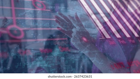 Image of data processing over caucasian teacher with diverse schoolchildren. Global education and digital interface concept digitally generated image.