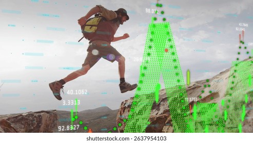 Image of data processing over caucasian male hiker in mountains. International mountain day and celebration concept digitally generated image.