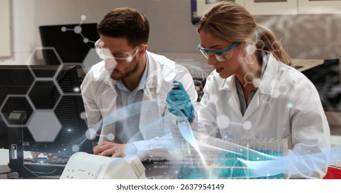Image of data processing over caucasian scientists talking. Global science and digital interface concept digitally generated image.