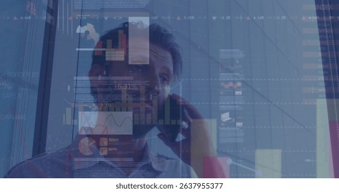 Image of data processing over caucasian businessman talking on smartphone. Global business, finances and digital interface concept digitally generated image.