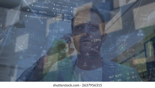 Image of data processing over caucasian businessman talking on smartphone. Global business and digital interface concept digitally generated image.
