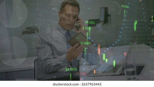 Image of data processing over caucasian businessman using tablet and talking on smartphone. Global business, finances and digital interface concept digitally generated image.