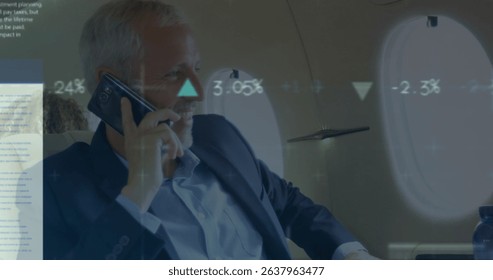 Image of data processing over caucasian businessman talking on smartphone. Global business, finances and digital interface concept digitally generated image.